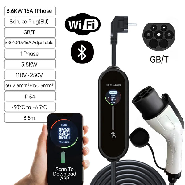 Portable EV Charger 3.5 kW | 16A | App Control | Type 1 / Type 2 / GBT