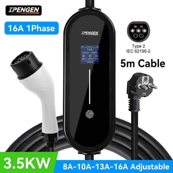 IPENGEN 3.5KW Portable EV Charger 5M Type1/Type2/GBT for Electric Vehicle