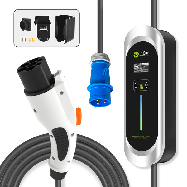 Electric vehicle charging station components including cable, plug, and control unit on a white background.