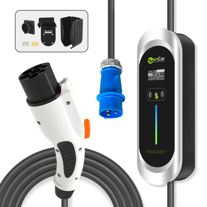 Electric vehicle charging station components including cable, plug, and control unit on a white background.