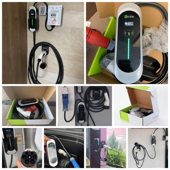 Collage of electric vehicle charging cables and connectors with 'GreenCar' branding.