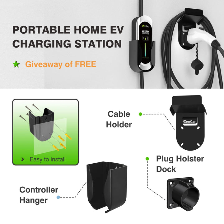 Portable home EV charging station with components labeled on a white background