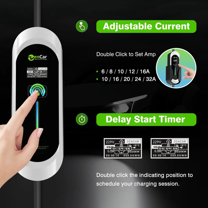 Electric vehicle charging station with adjustable current and delay start timer features, shown with a hand interacting with the device.