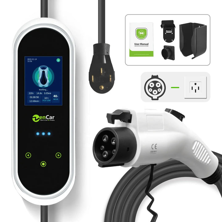 Electric vehicle charging station with display, cable, and accessories on a white background